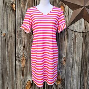 Pink Stripe Dress Jude Connally Nina S Orange White Stretch Vneck Ruffle Bright